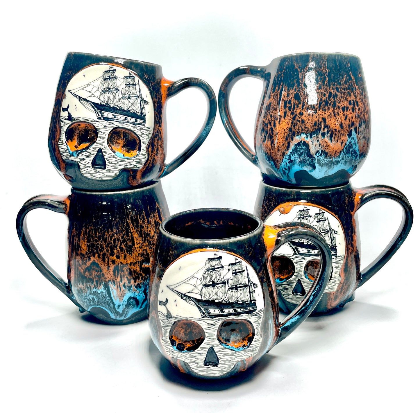 Orange over Blue Ghost Ship Skull Mug