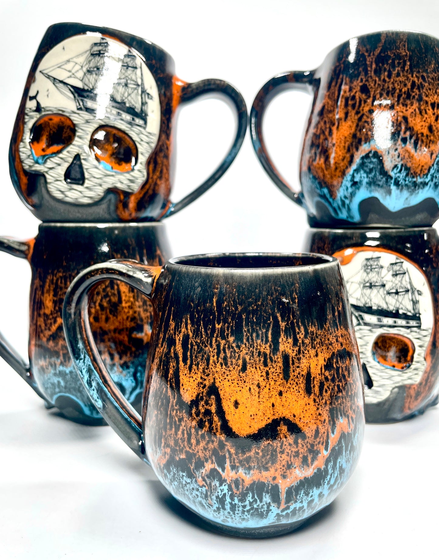 Orange over Blue Ghost Ship Skull Mug