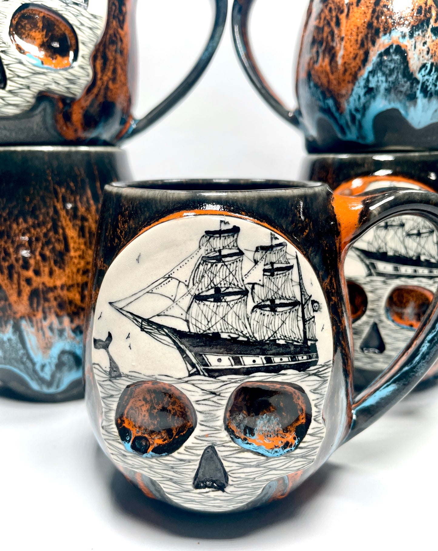 Orange over Blue Ghost Ship Skull Mug