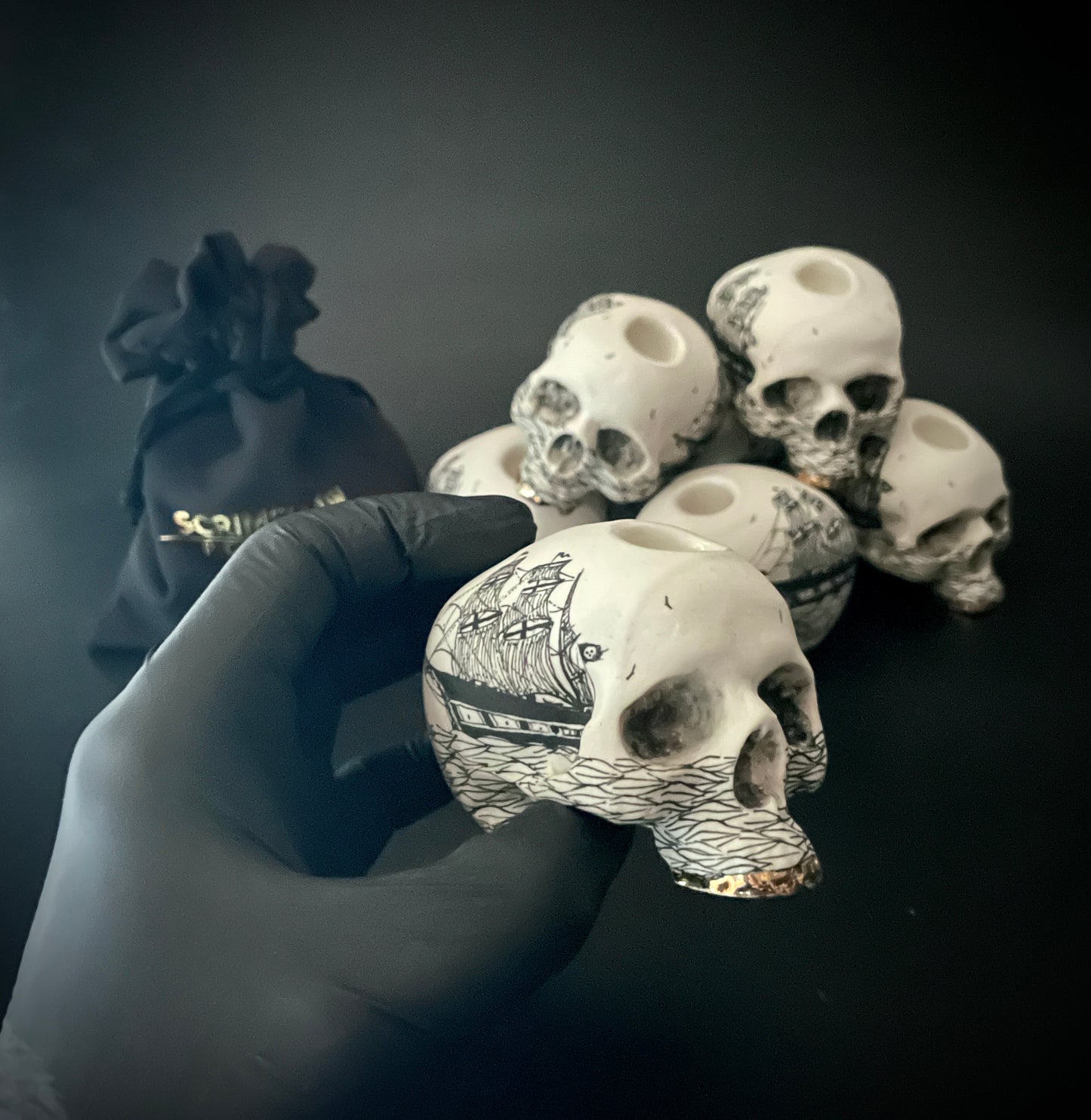 Scrimshaw Ghost Ship Skull Pipe w/ 22k gold teeth