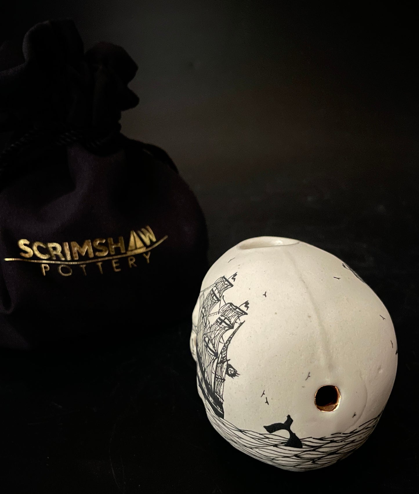 Scrimshaw Ghost Ship Skull Pipe w/ 22k gold teeth