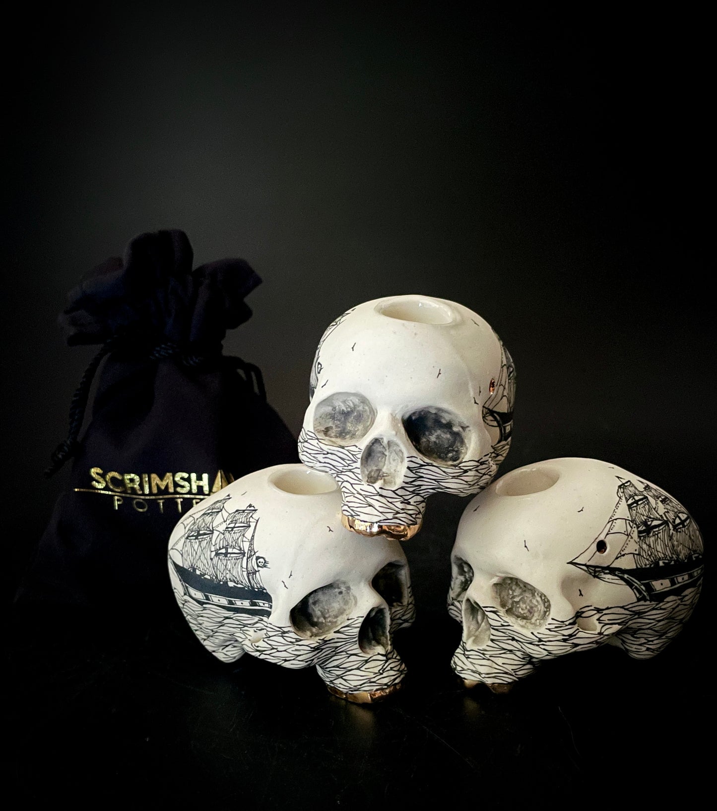 Scrimshaw Ghost Ship Skull Pipe w/ 22k gold teeth