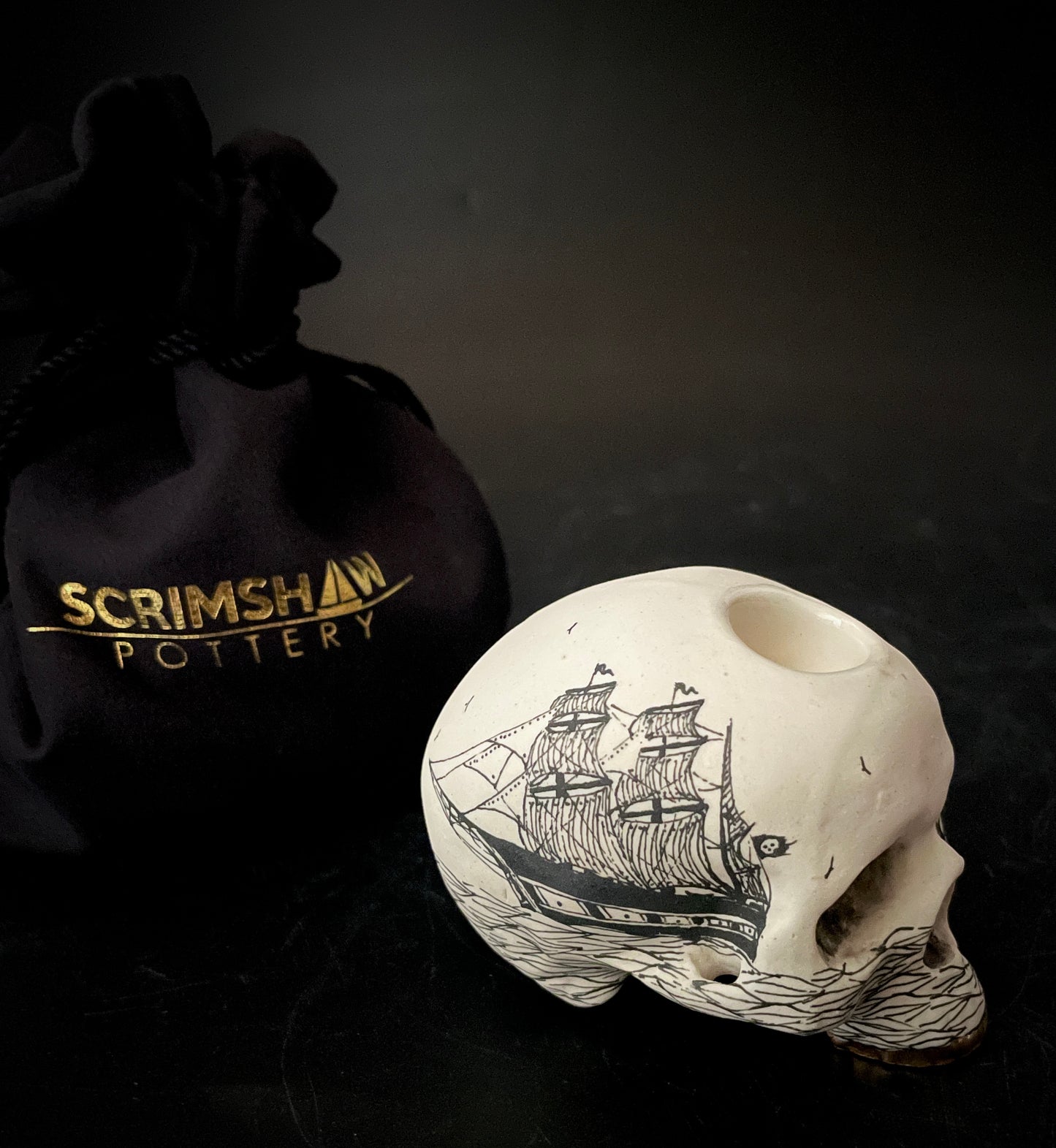 Scrimshaw Ghost Ship Skull Pipe w/ 22k gold teeth