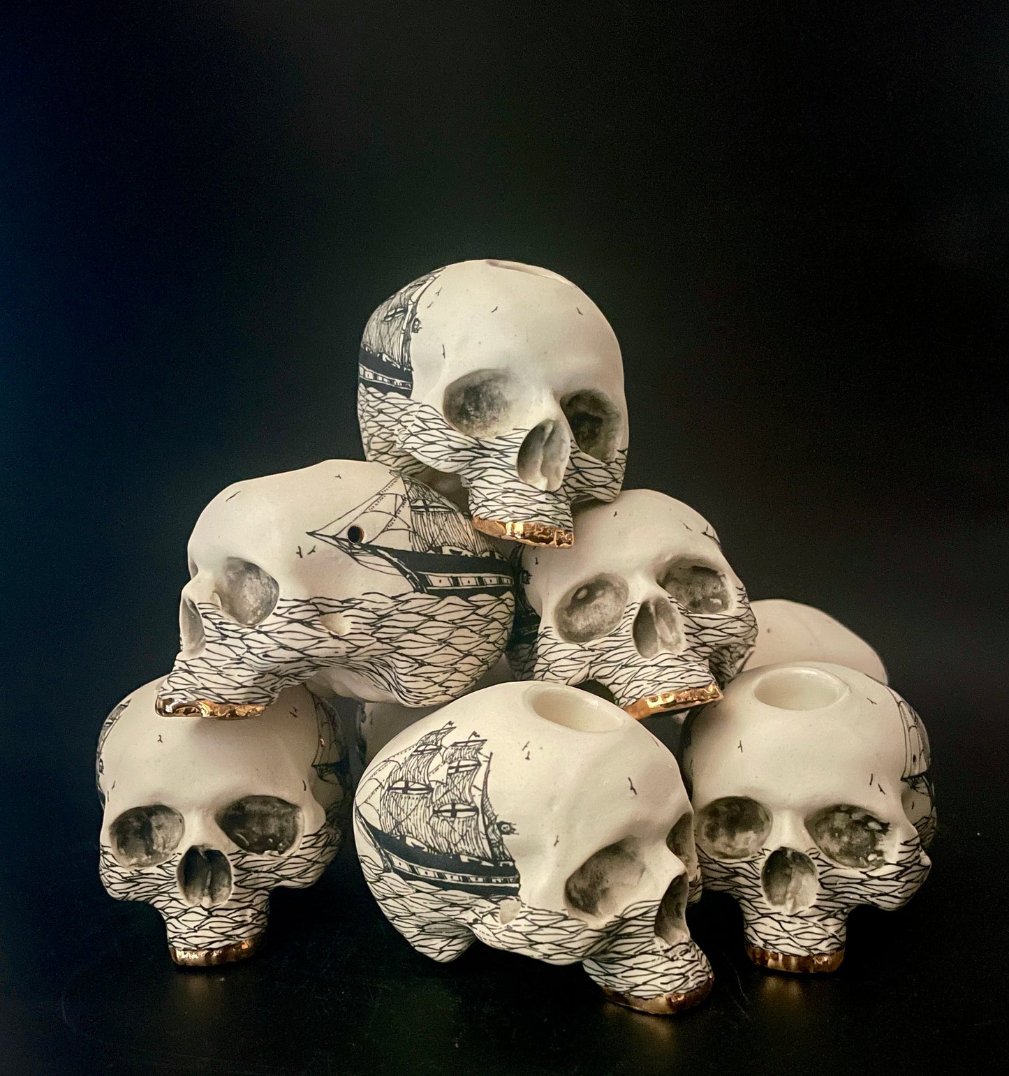 Scrimshaw Ghost Ship Skull Pipe w/ 22k gold teeth