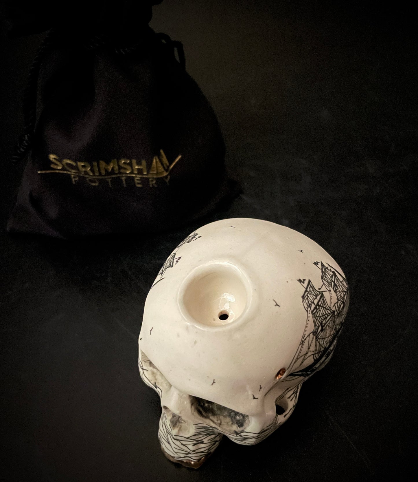 Scrimshaw Ghost Ship Skull Pipe w/ 22k gold teeth