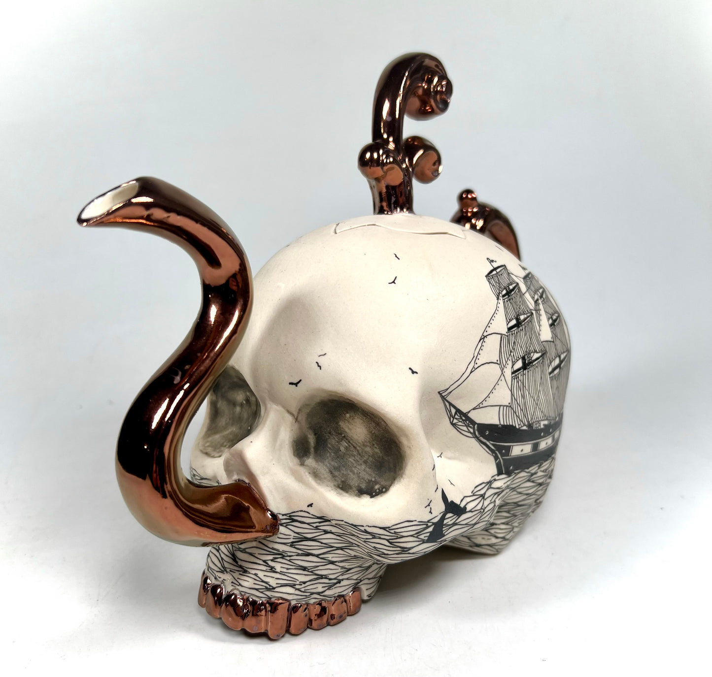 Victorian Skull and Ship Teapot w/copper accents