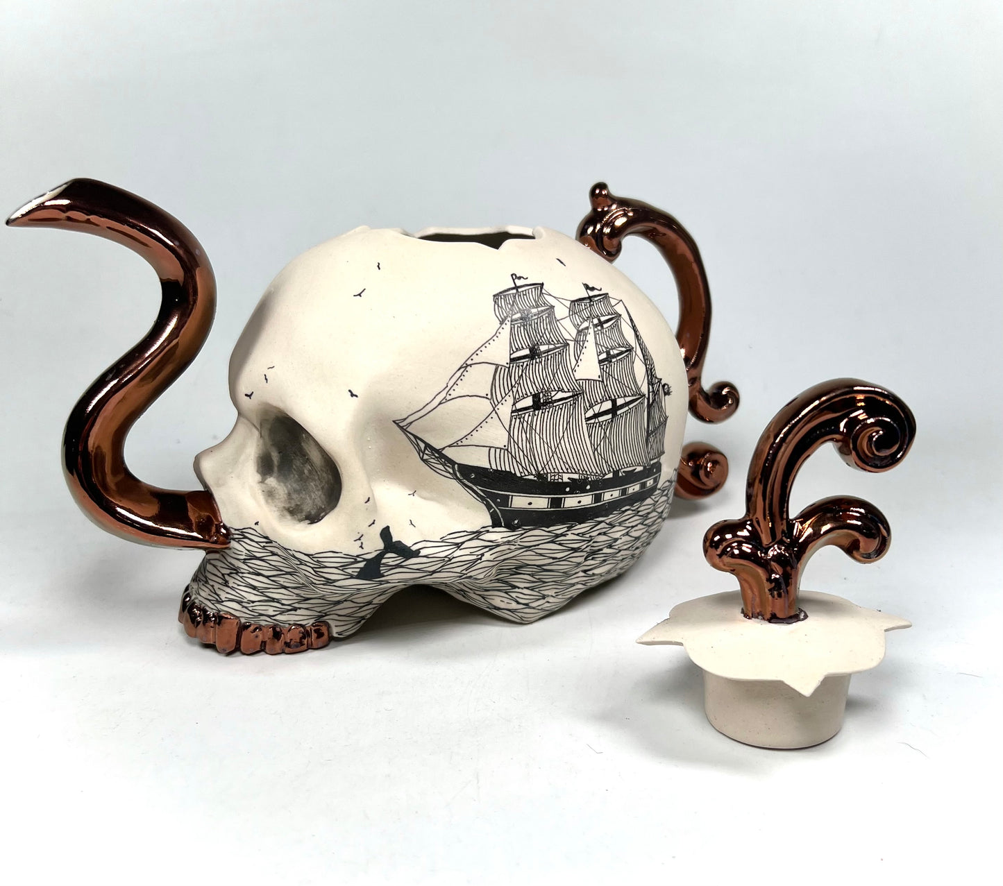 Victorian Skull and Ship Teapot w/copper accents