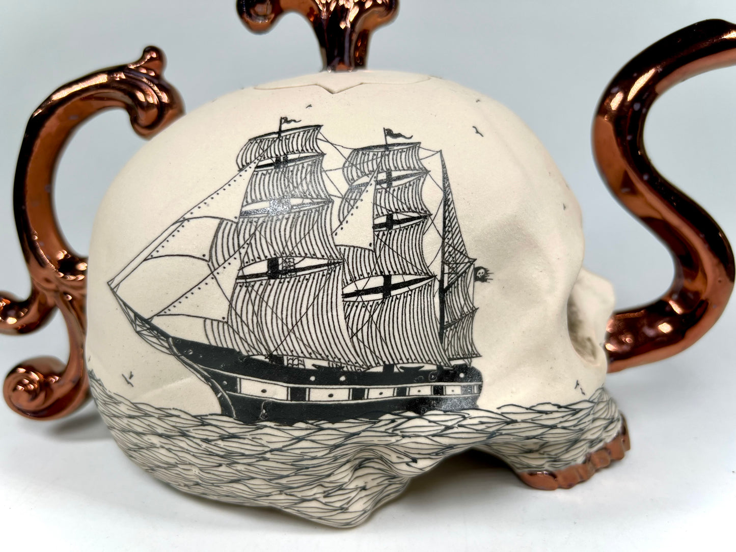Victorian Skull and Ship Teapot w/copper accents