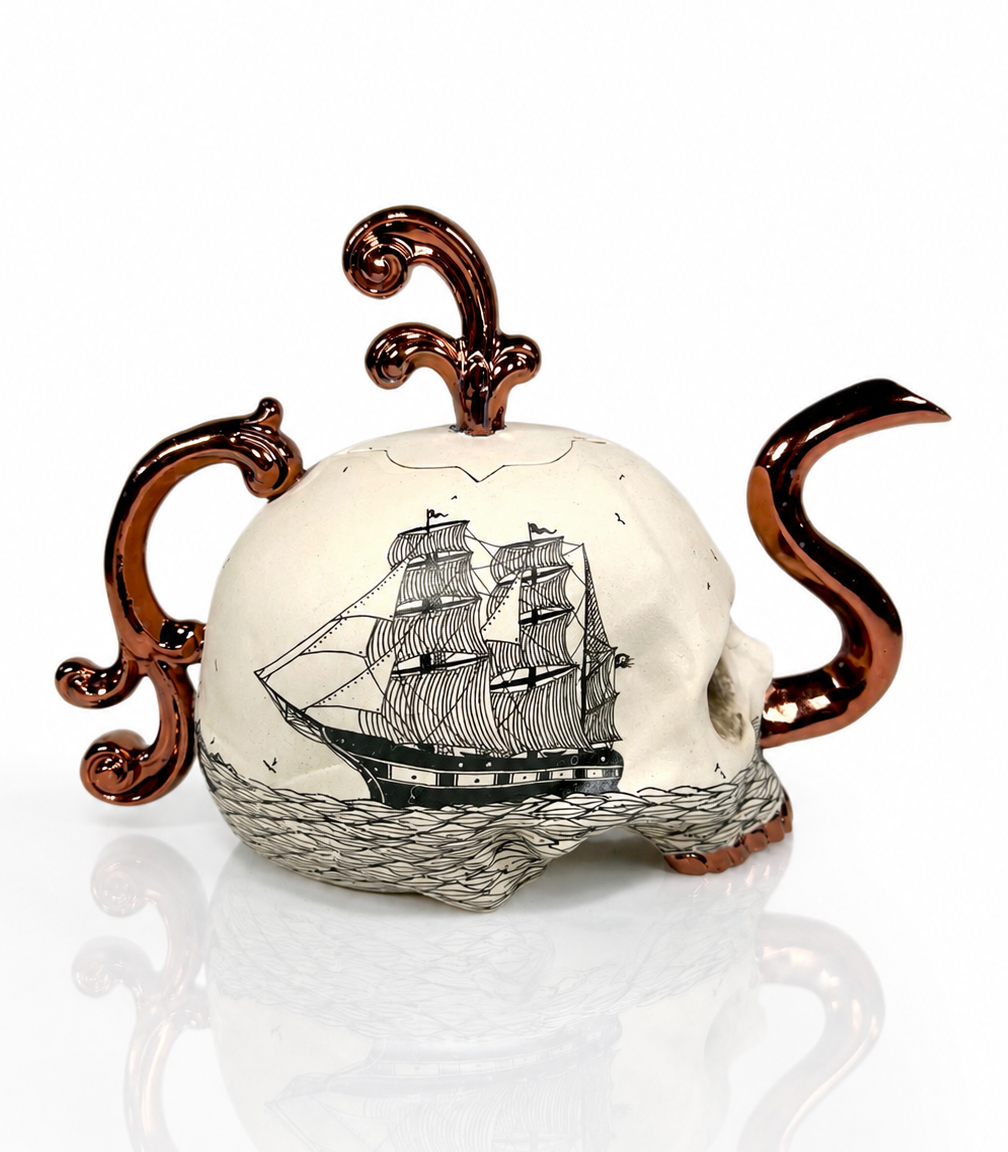Victorian Skull and Ship Teapot w/copper accents