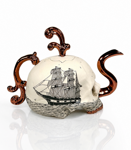 Victorian Skull and Ship Teapot w/copper accents