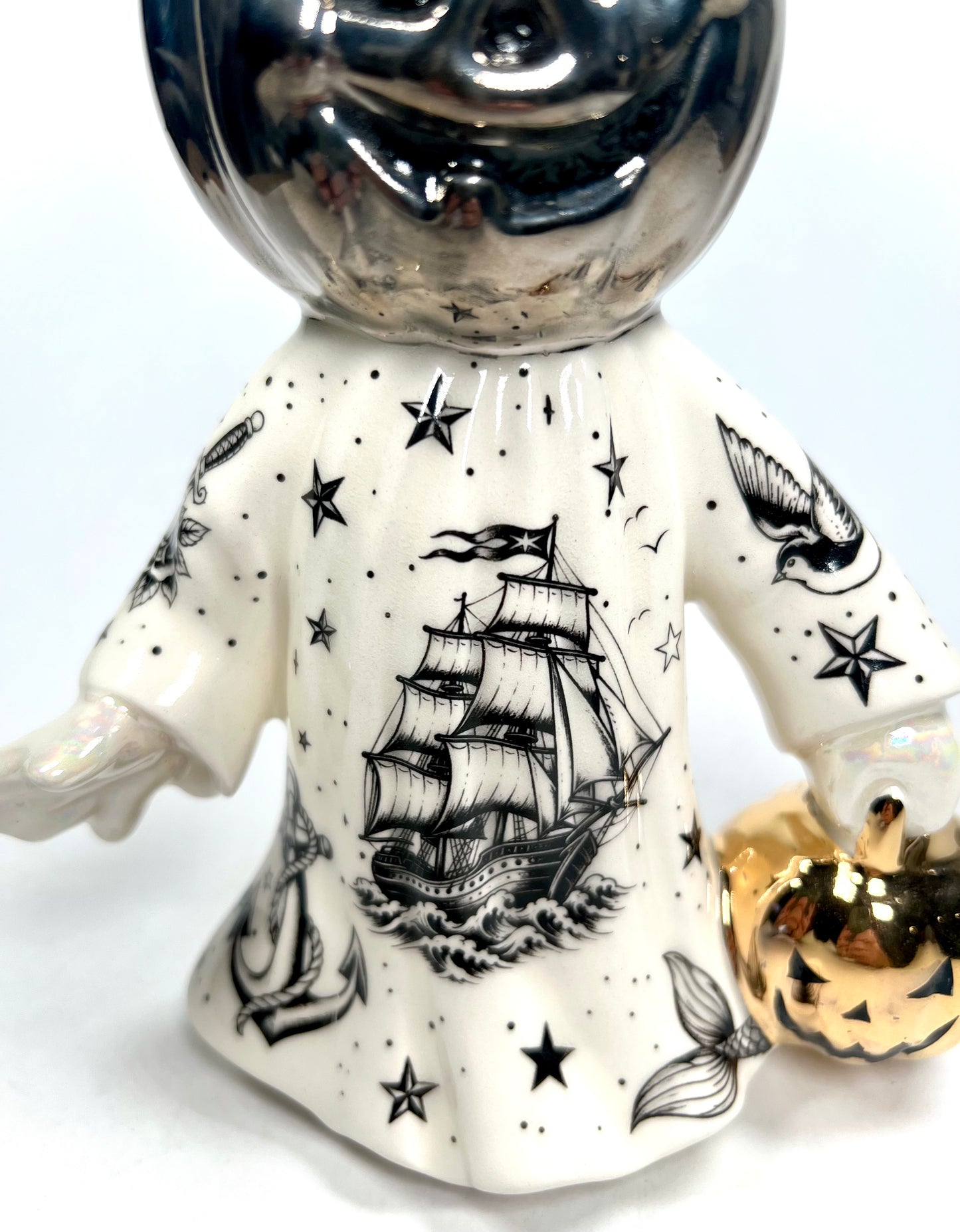 Tattooed Jack-o-lantern Ghost Sculpture (Silver)