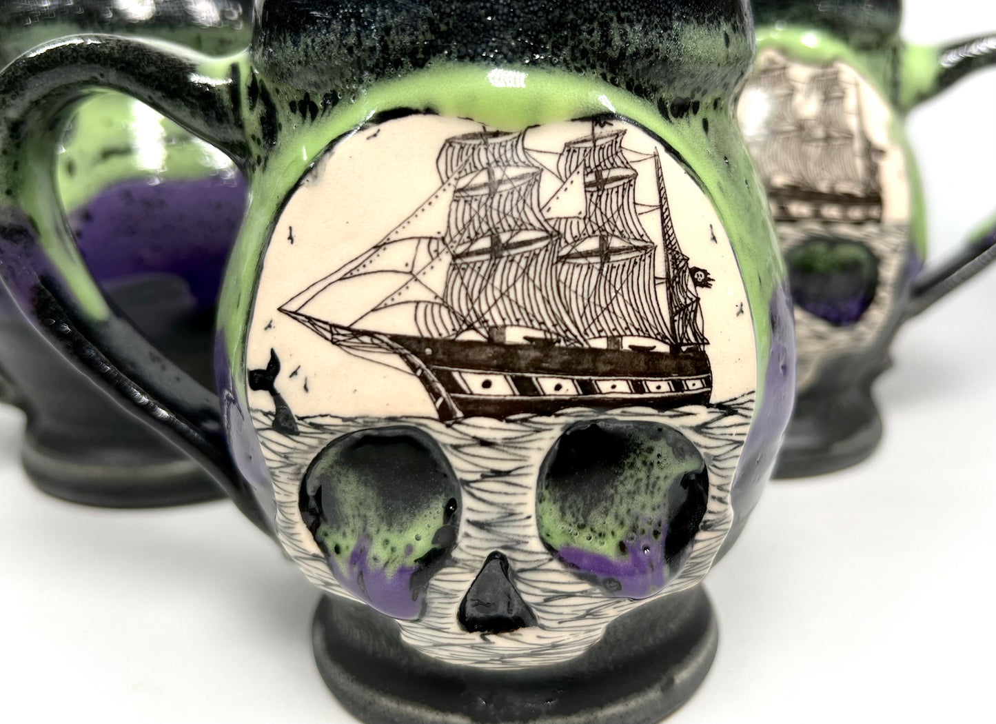 Green and Purple Ghost Ship Skull Mug