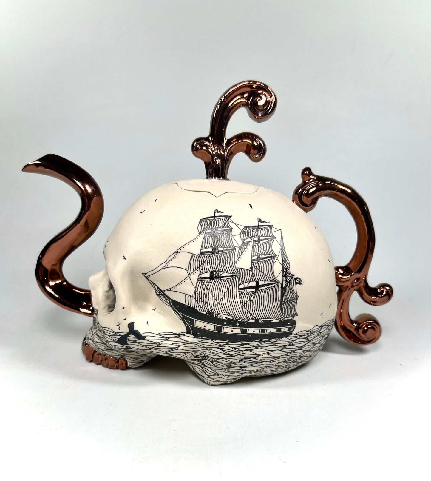 Victorian Skull and Ship Teapot w/copper accents