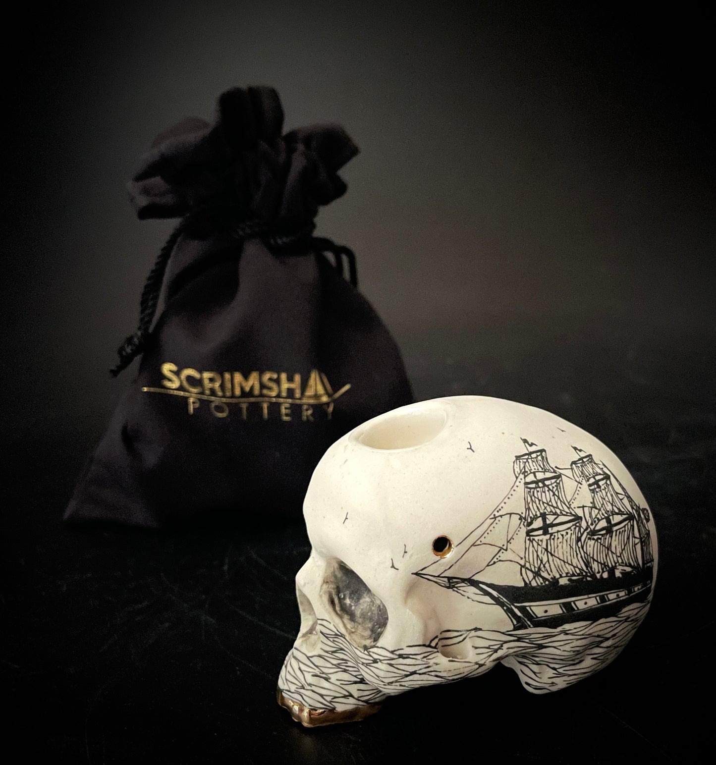 Scrimshaw Ghost Ship Skull Pipe w/ 22k gold teeth